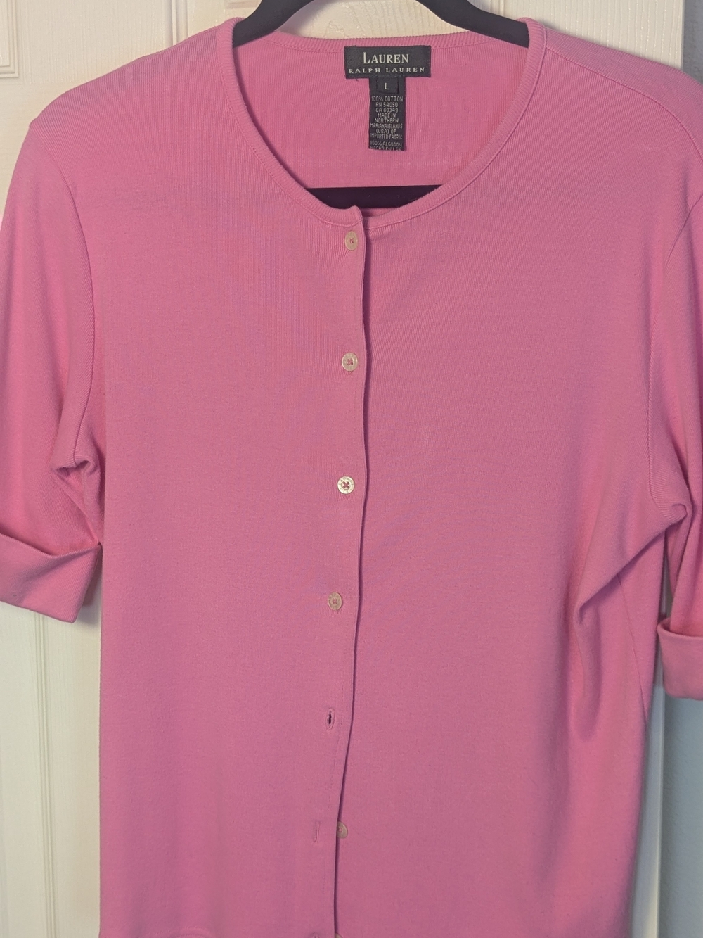 Lauren Ralph Lauren Cardigan Large Pink 100% Cotton Button Front 3/4 Sleeve